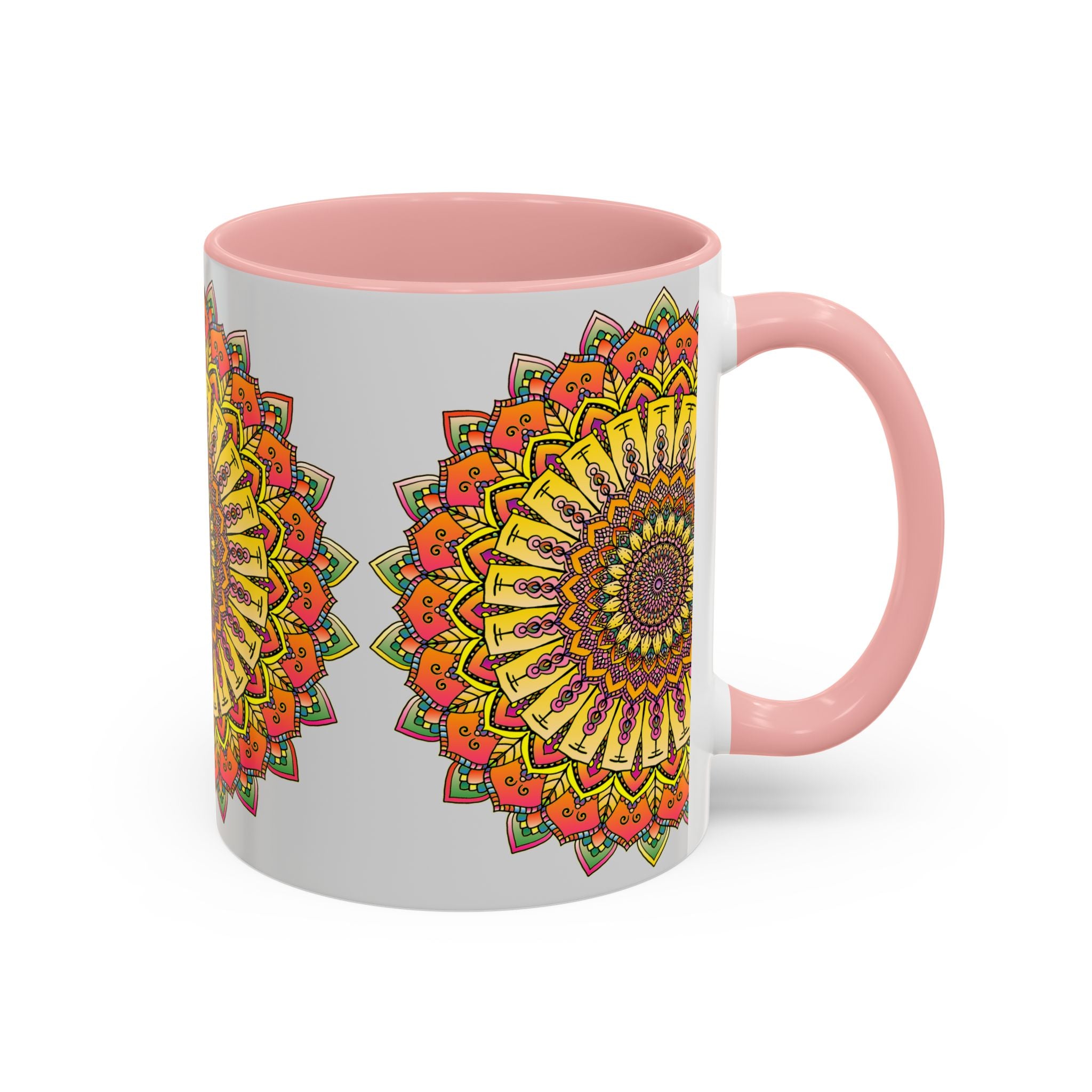 Beautiful mandala art in various colors on grey coffee mug