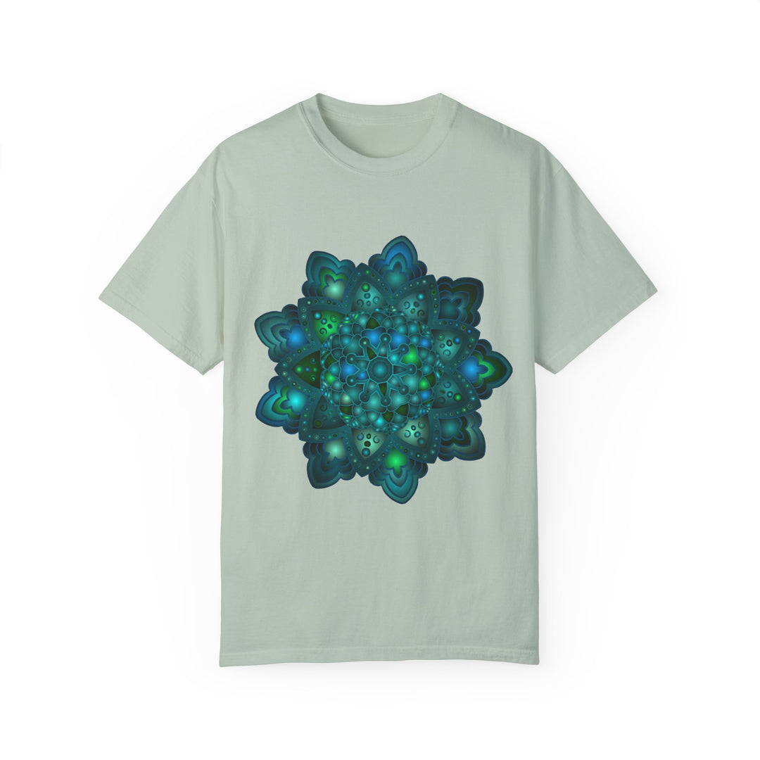 Intricate blue and green mandala design t-shirt, suitable for both men and women, available in a unisex style