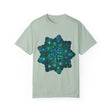 Intricate blue and green mandala design t-shirt, suitable for both men and women, available in a unisex style