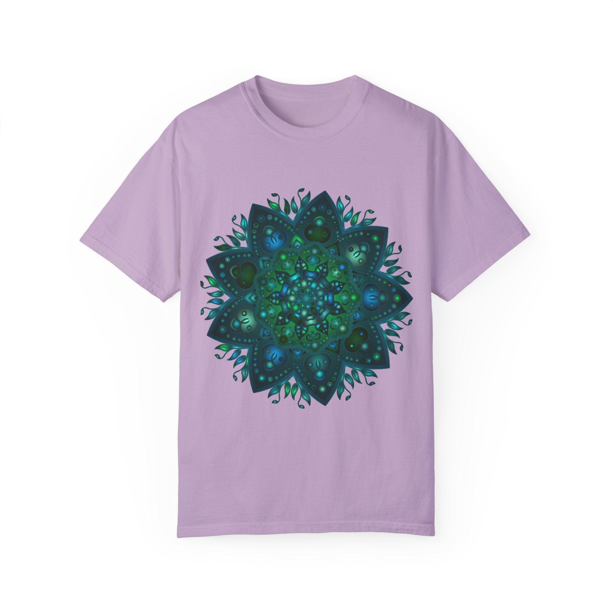 Colorful hand-drawn mandala design on a unisex t-shirt, intricate and eye-catching