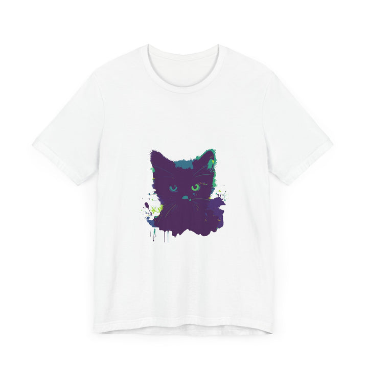 A close-up image of a black cat mystery watercolor t-shirt with vibrant colors and intricate details, perfect for cat lovers and art enthusiasts