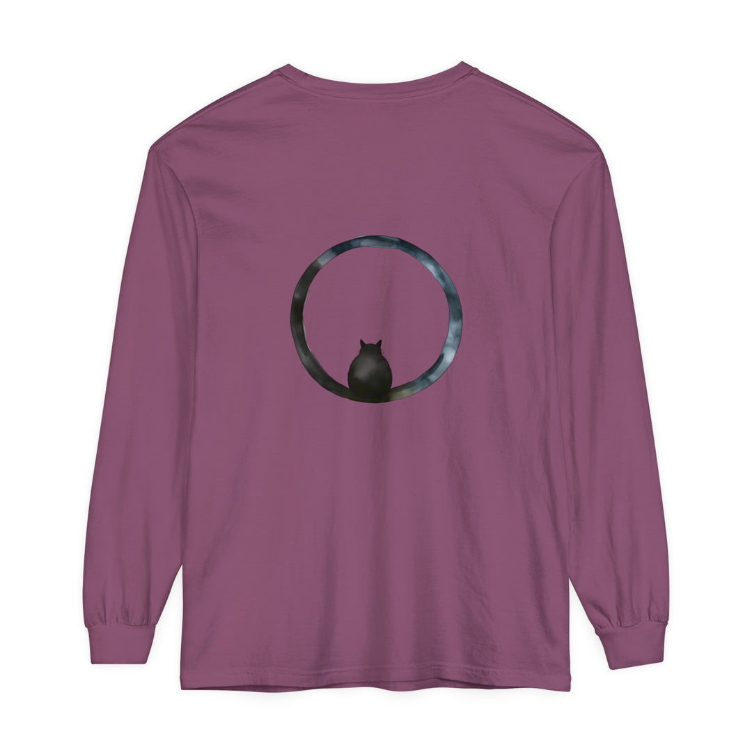 A close-up image of a black Mystifying Sphere Unisex Long Sleeve T-Shirt with a unique and captivating design