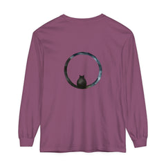 A close-up image of a black Mystifying Sphere Unisex Long Sleeve T-Shirt with a unique and captivating design