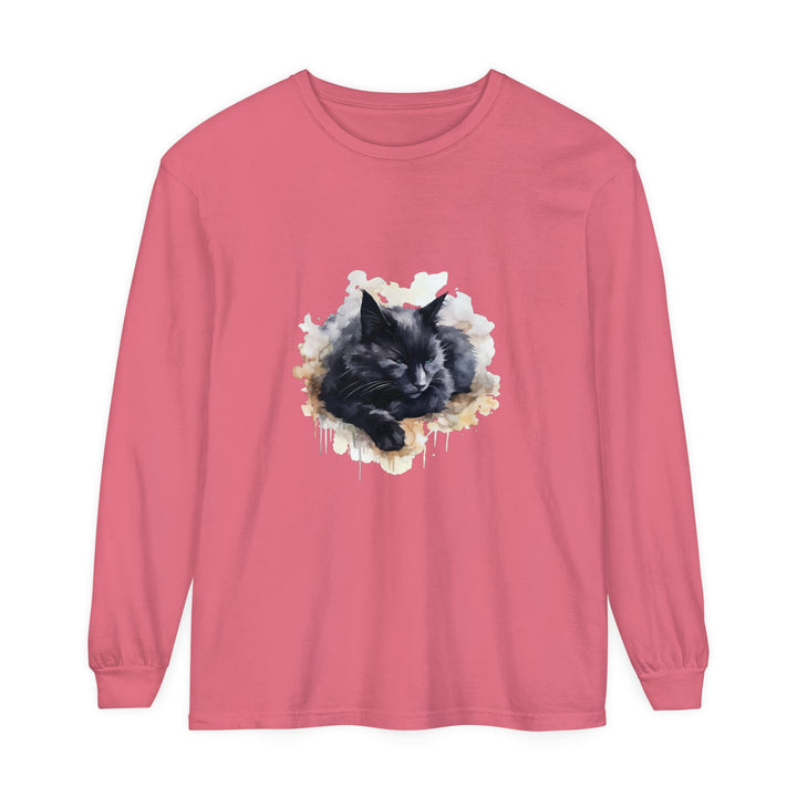 Sleeping black cat watercolor t-shirt with realistic cat illustration