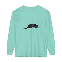 Black cat curled up sleeping on a comfy unisex long sleeve t-shirt