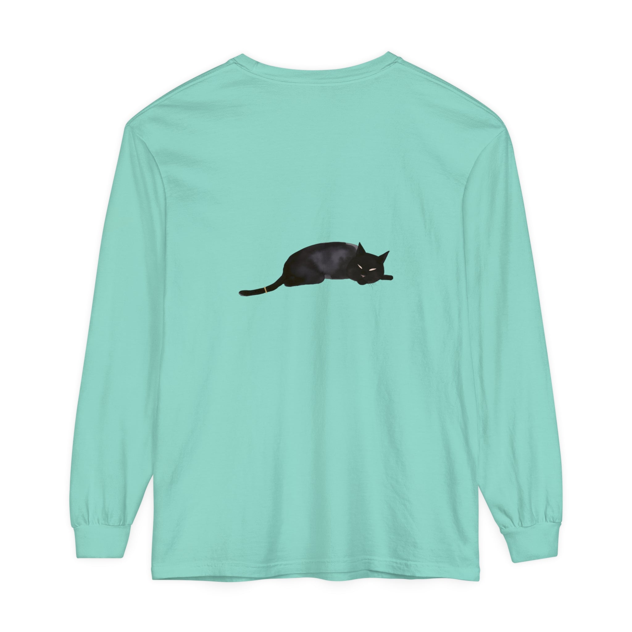 Black cat curled up sleeping on a comfy unisex long sleeve t-shirt