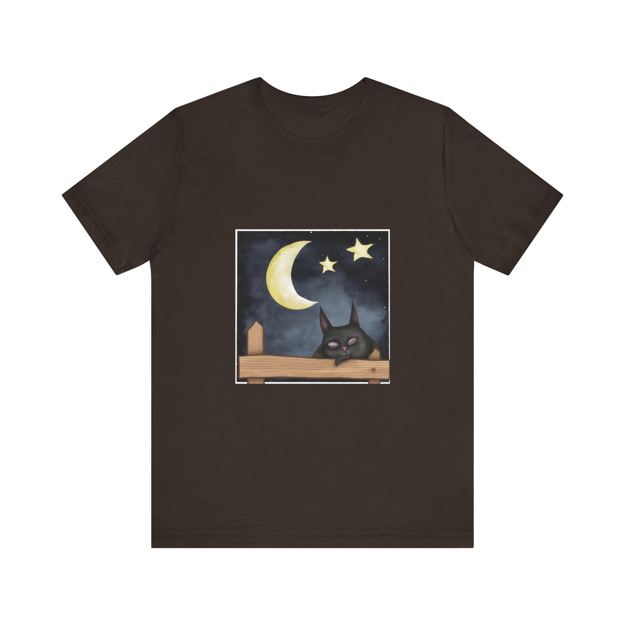 A comfortable black t-shirt with a sleepy cat design under a moonlit night