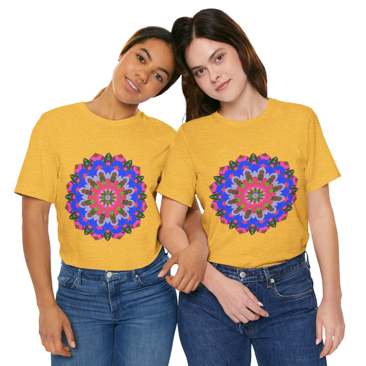 Vibrant and intricate geometric mandala design on a colorful T-shirt