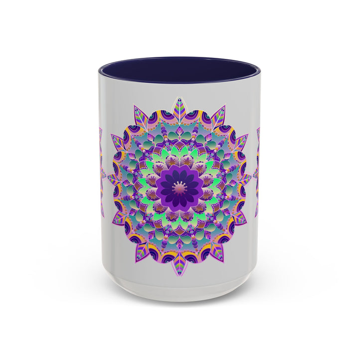 Beautiful light grey mug featuring a vibrant mandala art design