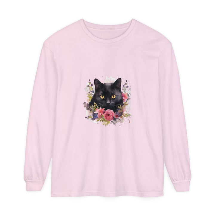 Beautiful black cat floral watercolor long sleeve t-shirt on white background