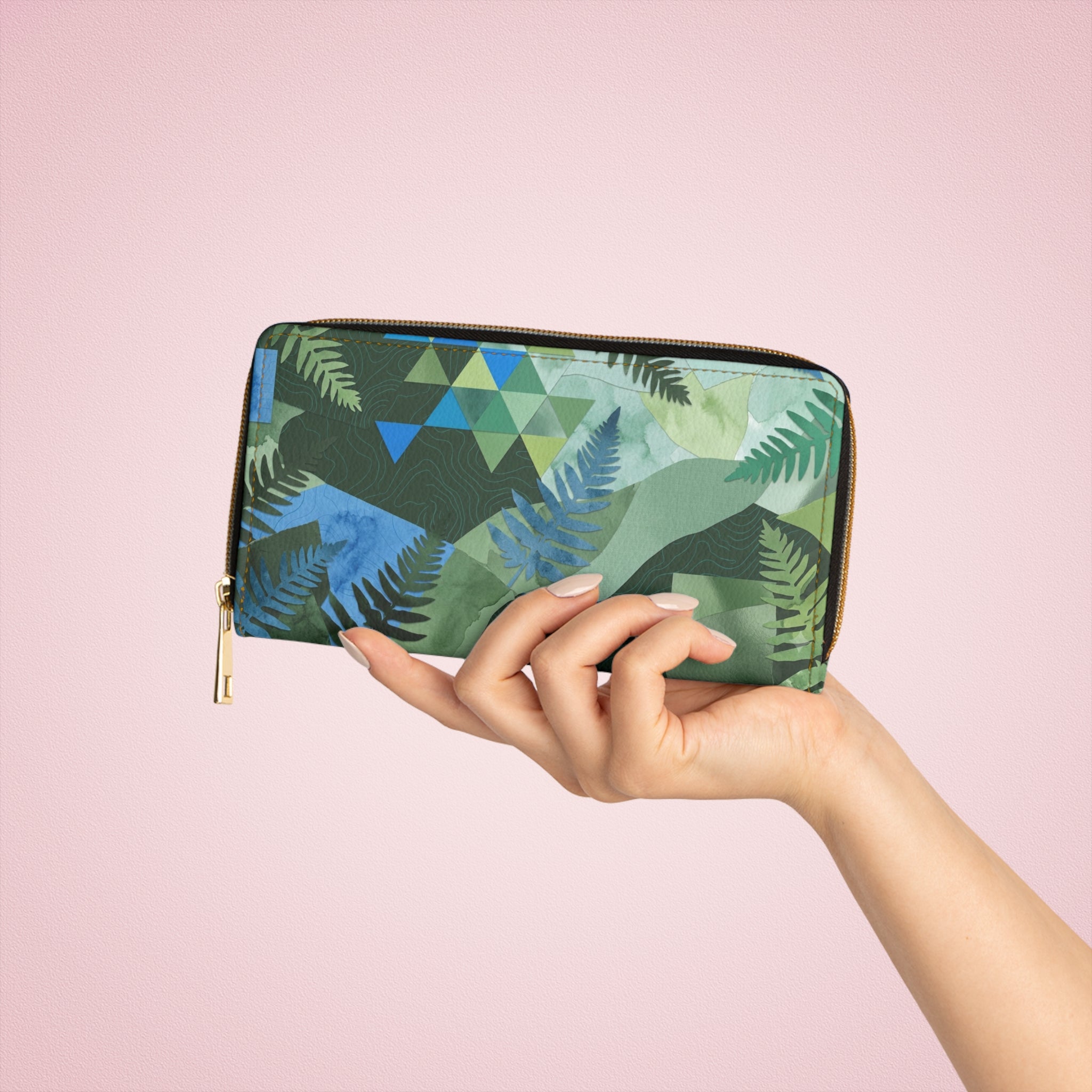 Tropical Fern Zip Wallet — Green Geometric Leaf Pattern Zipper Wallet