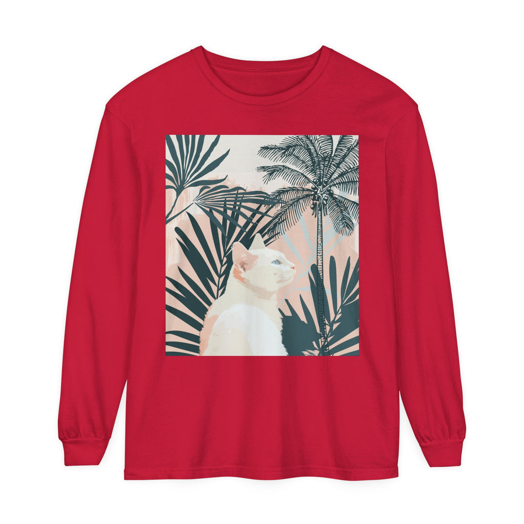 White Cat Tropical Mandala Long Sleeve T-Shirt featuring a vibrant, colorful design