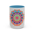 Colorful and intricate mandala art design on ceramic mug for unique coffee experience