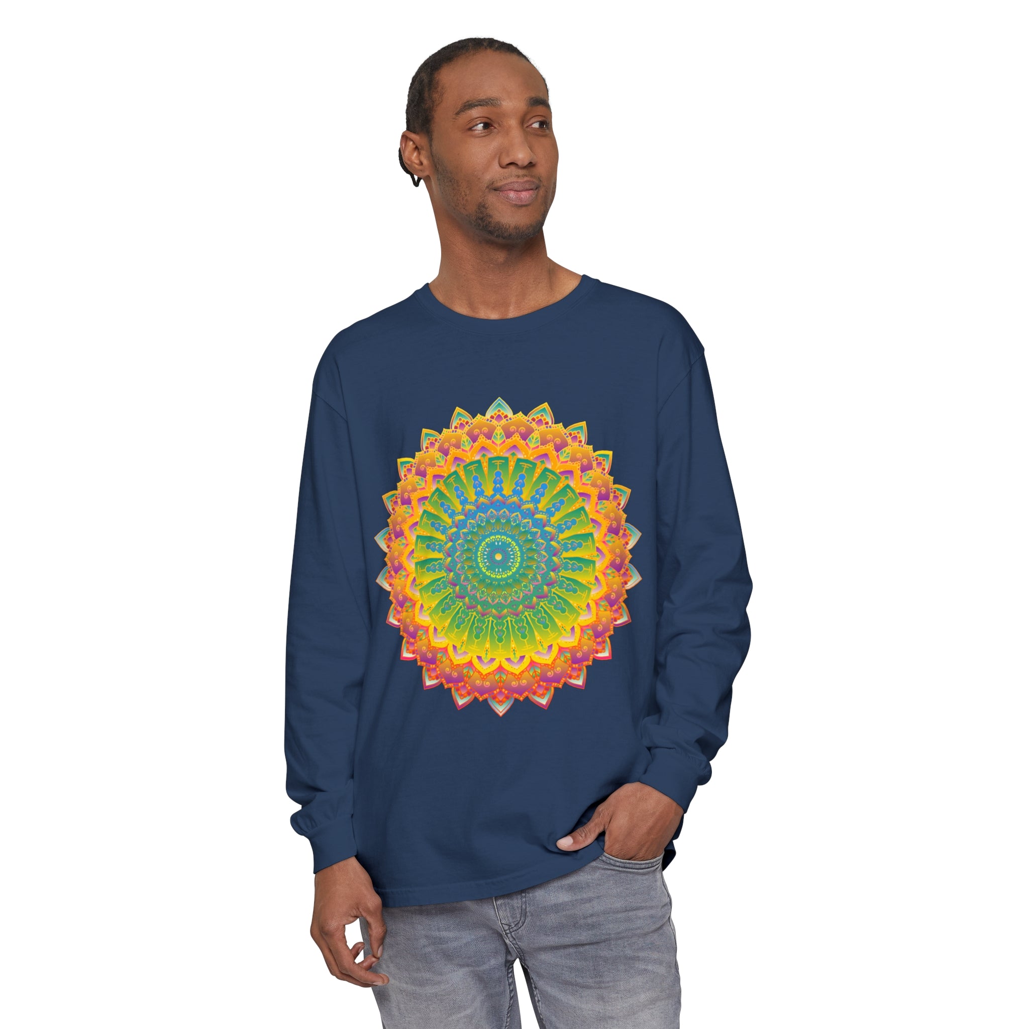 Intricate Mandala Unisex Long Sleeve T-Shirt featuring detailed mandala design in vibrant colors