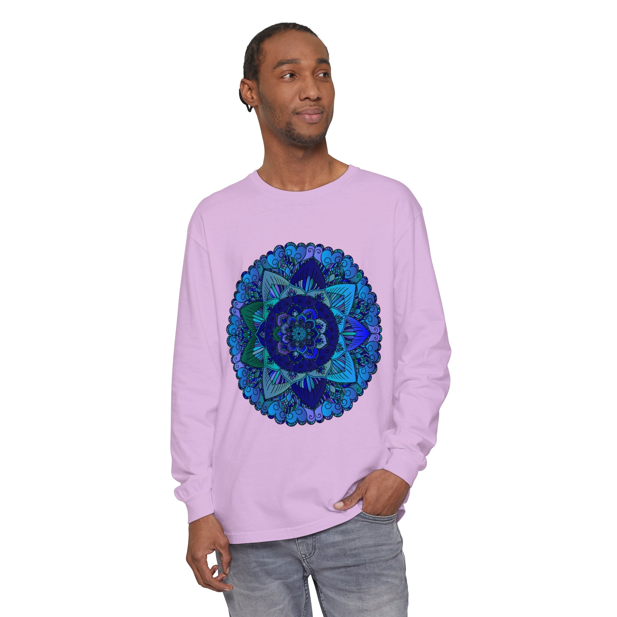 Dark blue and green mandala design long sleeve t-shirt on white background