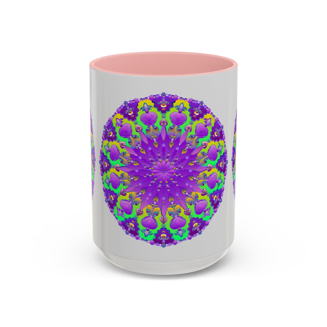 Beautiful purple mandala design on a grey ceramic mug - perfect for enjoying your favorite hot beverages in style