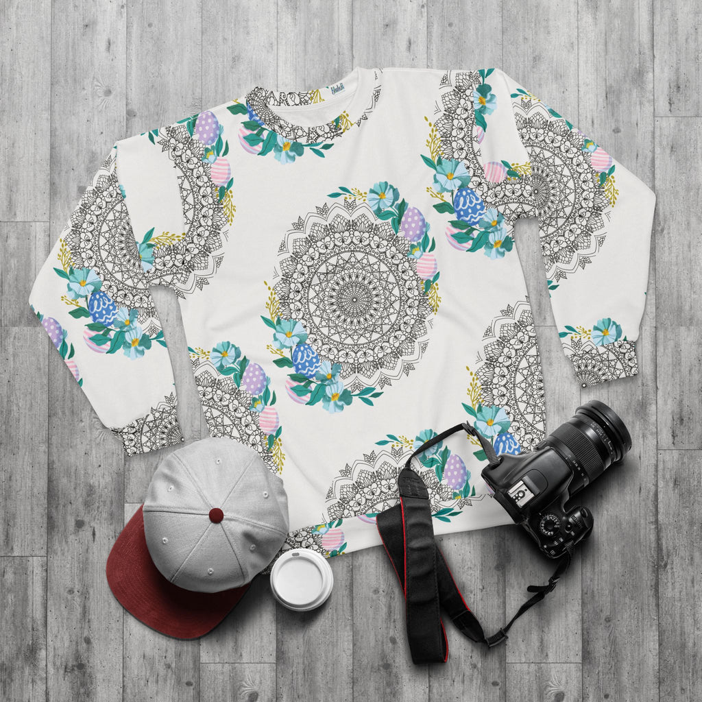Oster-Mandala-Sweatshirt – Pastellfarbenes Blumen-Ei-Strichmuster
