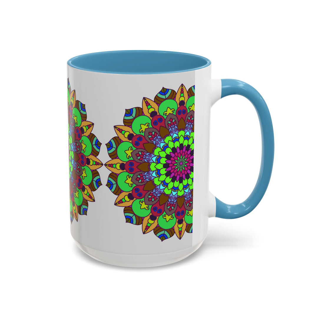 Colorful mandala art mug featuring intricate floral design in vibrant hues