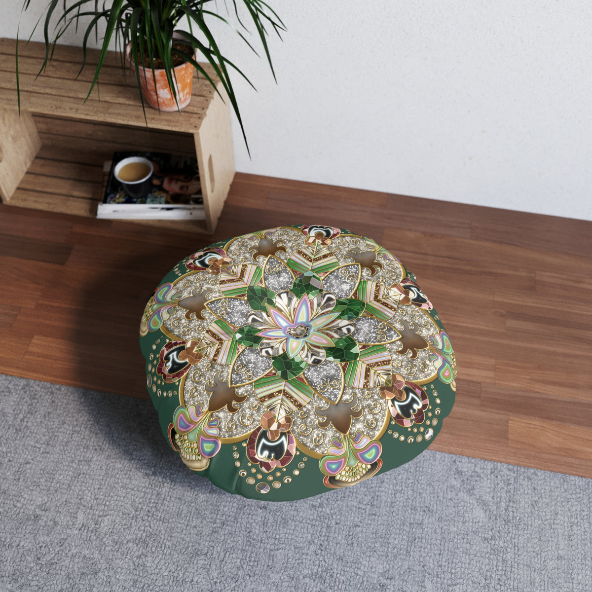 Round Tufted Floor Pillow with Ornate Mandala Design