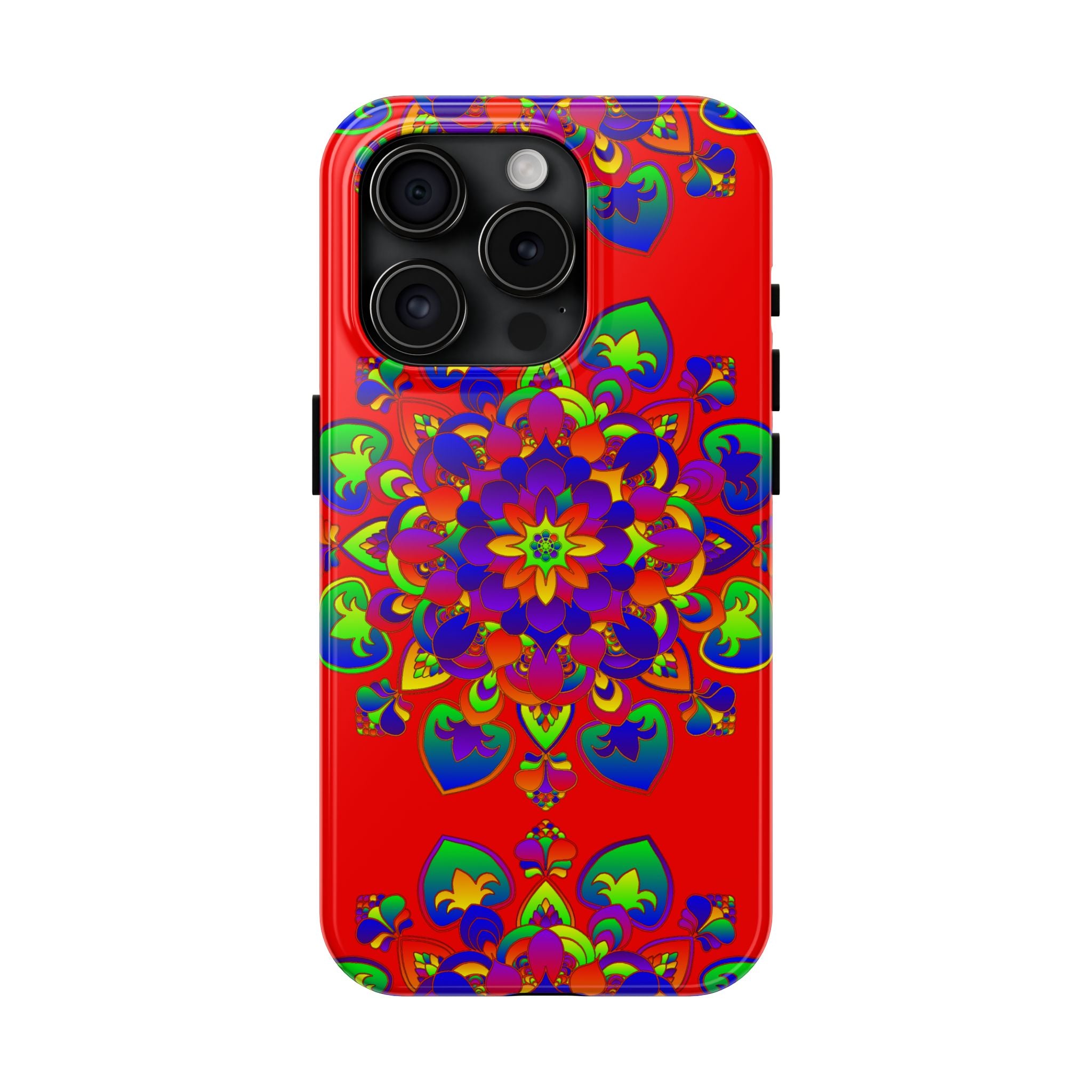 Hand-drawn red mandala art phone case with intricate floral pattern