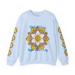 A unisex heavy blend crewneck sweatshirt featuring First of Many, Paper Anniversary design for first year wedding anniversary gift