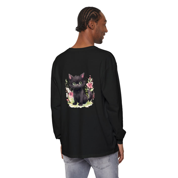 Whimsical and trendy t-shirt with a colorful watercolor kitten and floral print