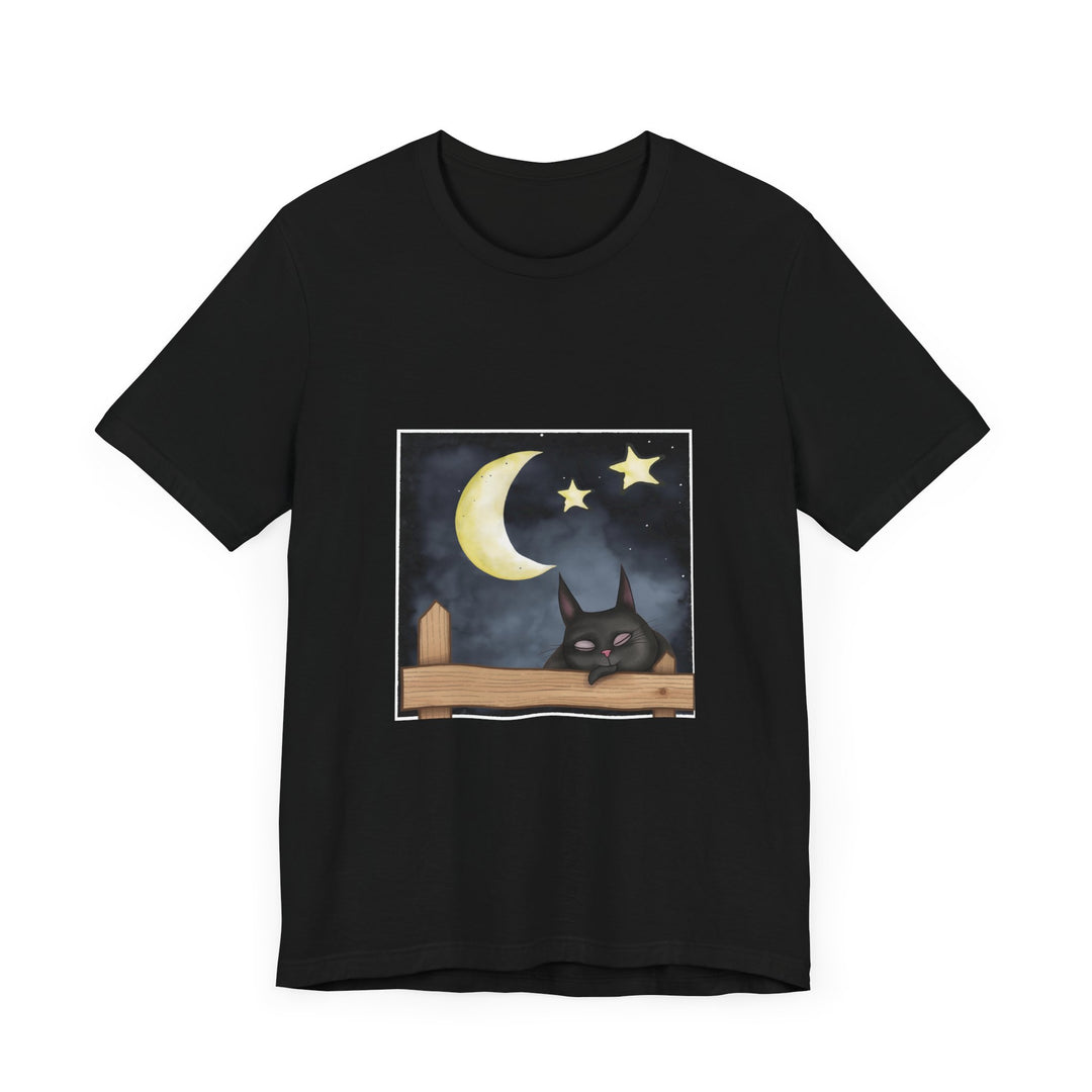 A comfortable black t-shirt with a sleepy cat design under the moonlit night