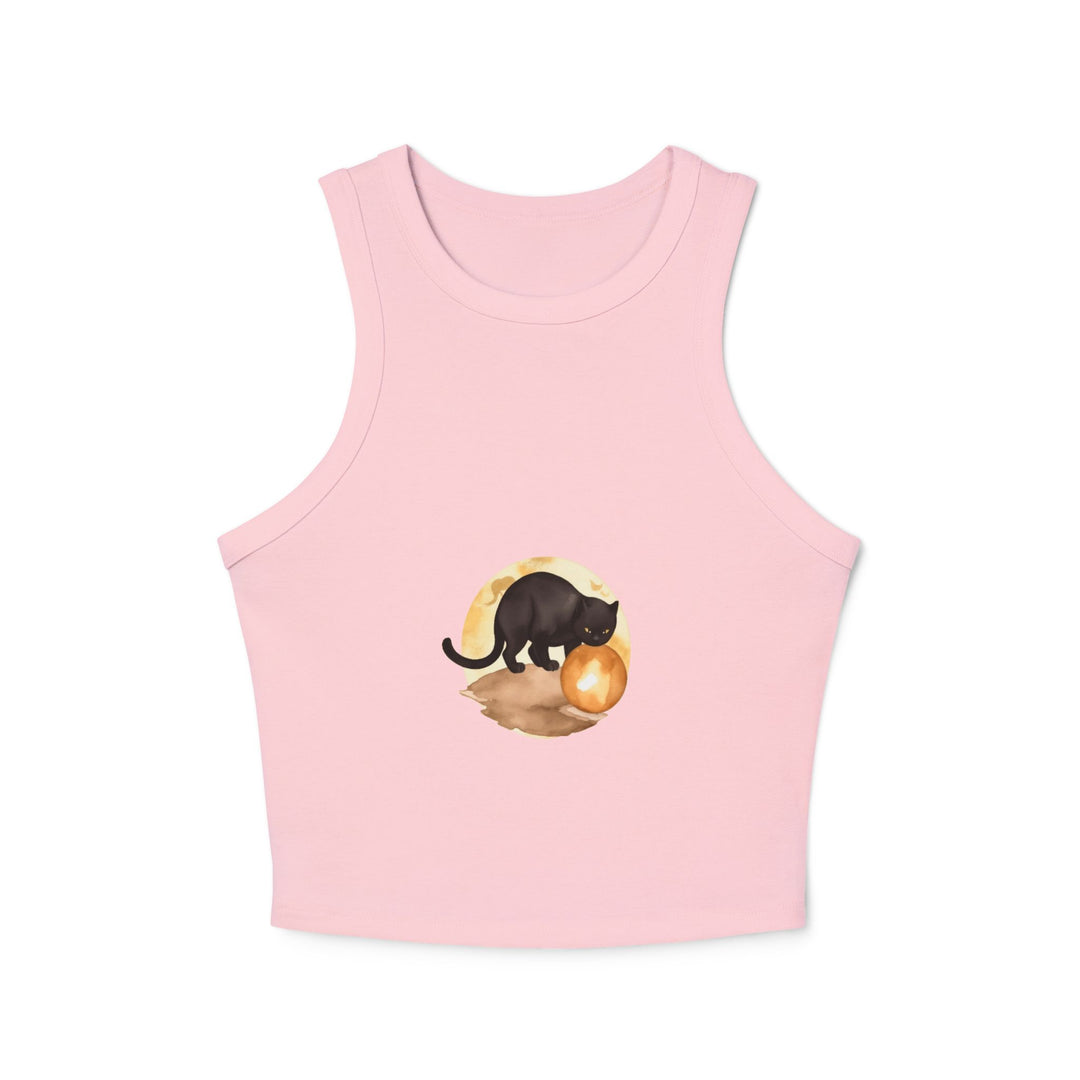  Woman wearing Black Cat Moon Racerback Tank Top while walking in a mysterious forest