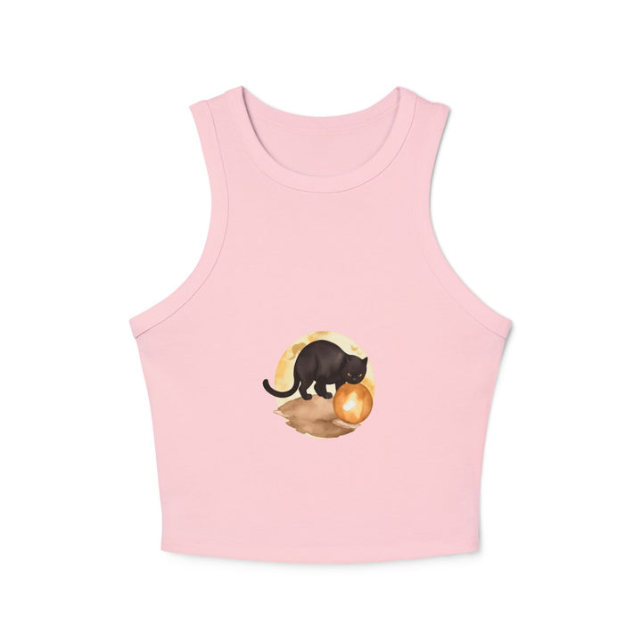  Woman wearing Black Cat Moon Racerback Tank Top while walking in a mysterious forest