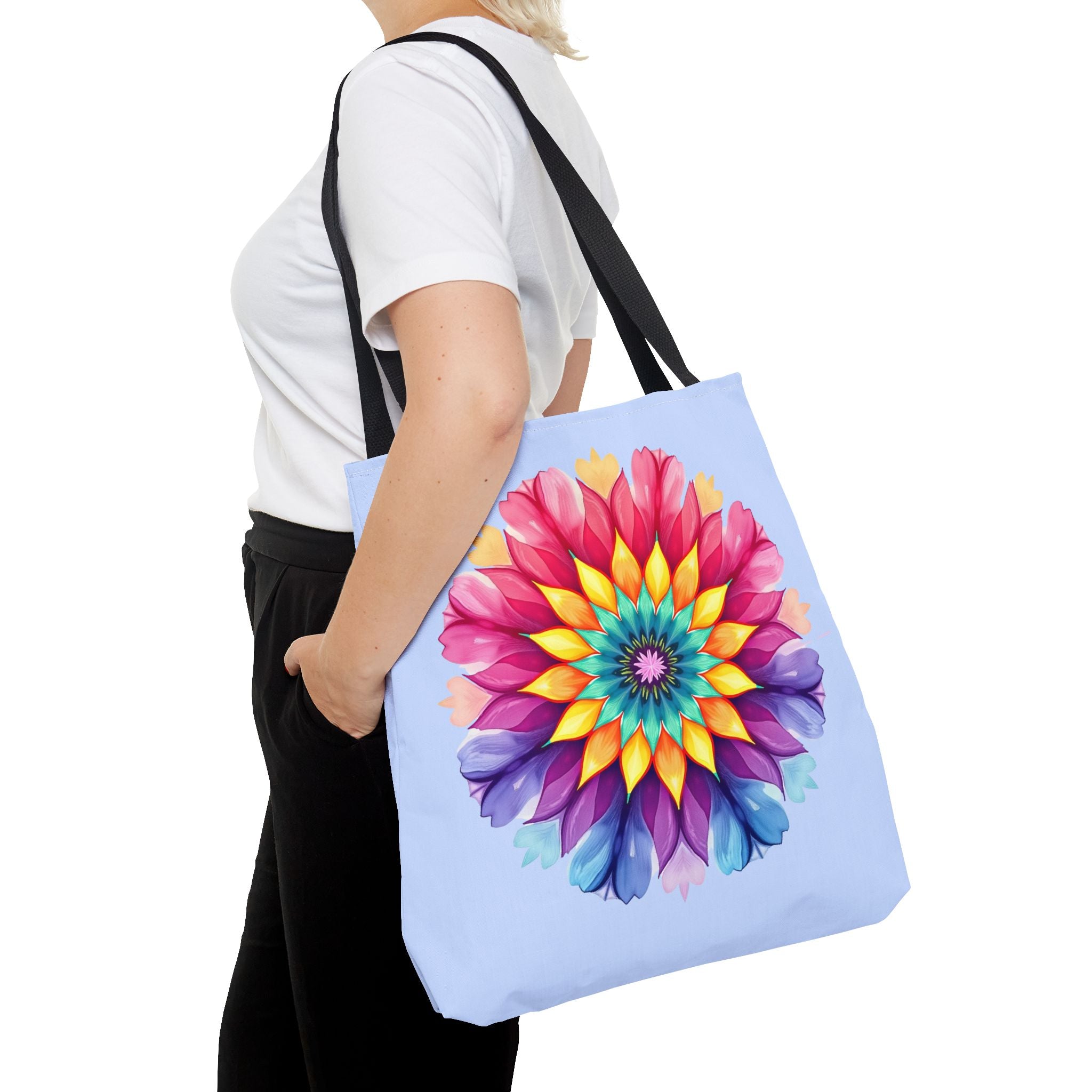 Colorful Rainbow Mandala Tote Bag with intricate design and durable material