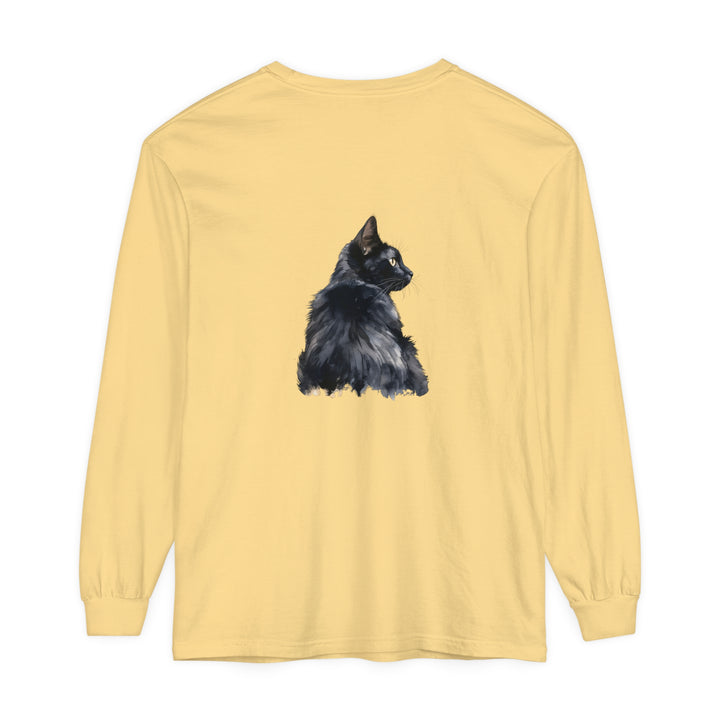 Black Cat Watercolor Long Sleeve T-Shirt featuring a vibrant, hand-painted feline design on a comfortable, stylish top for cat lovers