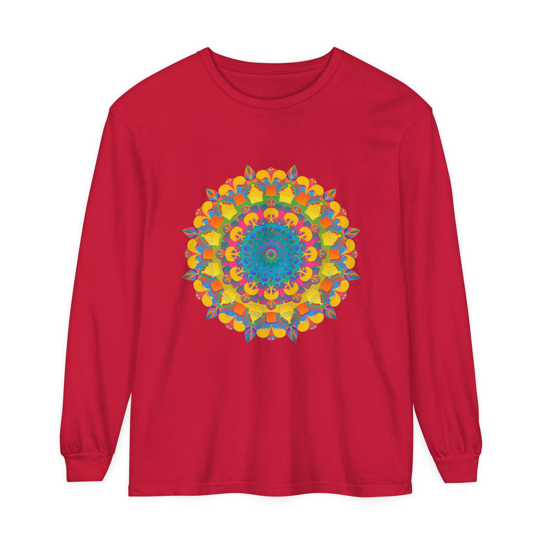 Colorful and detailed mandala design on a unisex long sleeve T-shirt