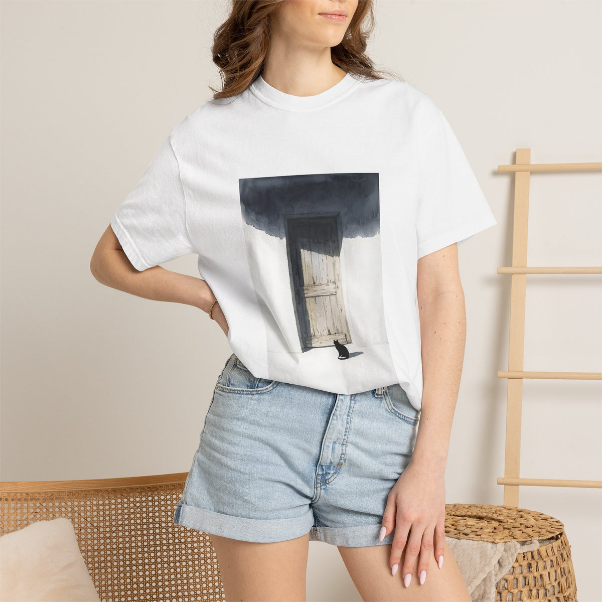 T-Shirt — Minimal Art Cat at Door Graphic Tee