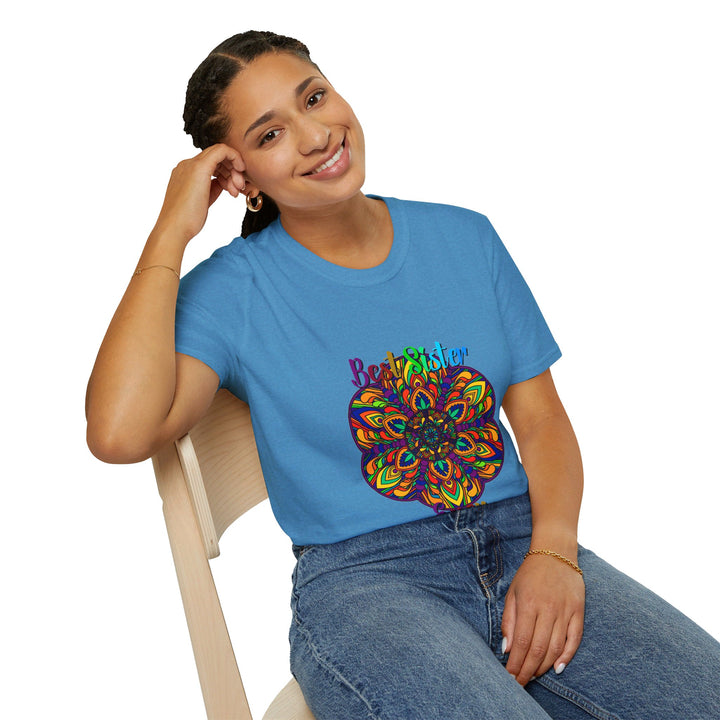 Beautiful unisex softstyle t-shirt with hand-drawn mandala art design, perfect gift for sister