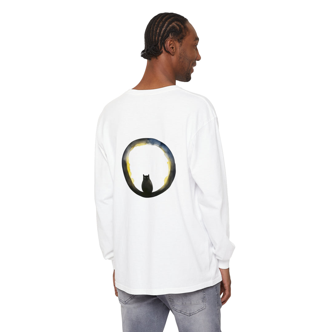 A spooky Halloween t-shirt featuring a black cat sitting on a crescent moon