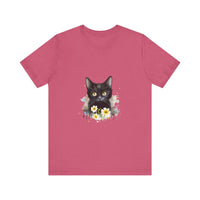 A close-up image of a black cat with piercing yellow eyes printed on a high-quality cotton t-shirt