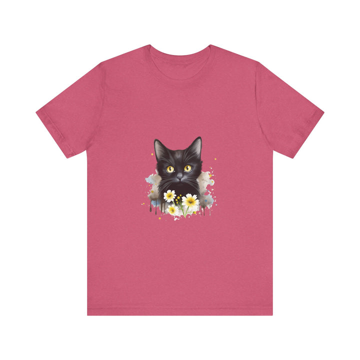 A close-up image of a black cat with piercing yellow eyes printed on a high-quality cotton t-shirt