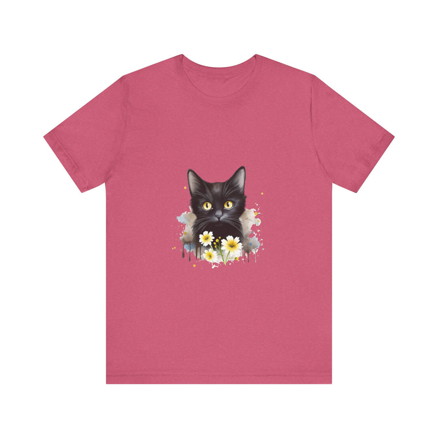 A close-up image of a black cat with piercing yellow eyes printed on a high-quality cotton t-shirt