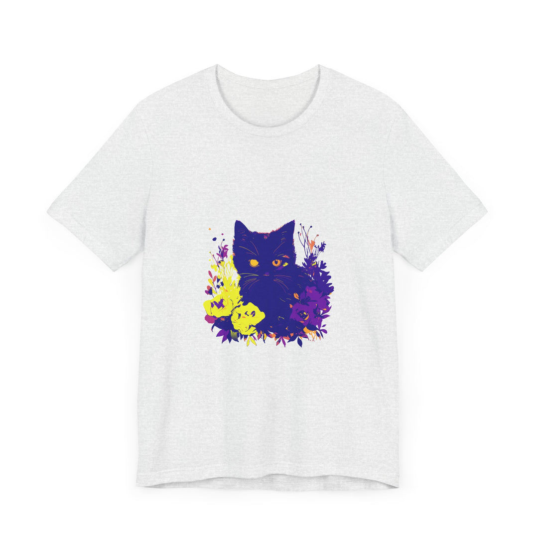 Black Cat Mystery Neon Flower T-Shirt: A vibrant and eye-catching graphic tee featuring a black cat surrounded by neon-colored flowers on a black background