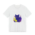 Black Cat Mystery Neon Flower T-Shirt: A vibrant and eye-catching graphic tee featuring a black cat surrounded by neon-colored flowers on a black background