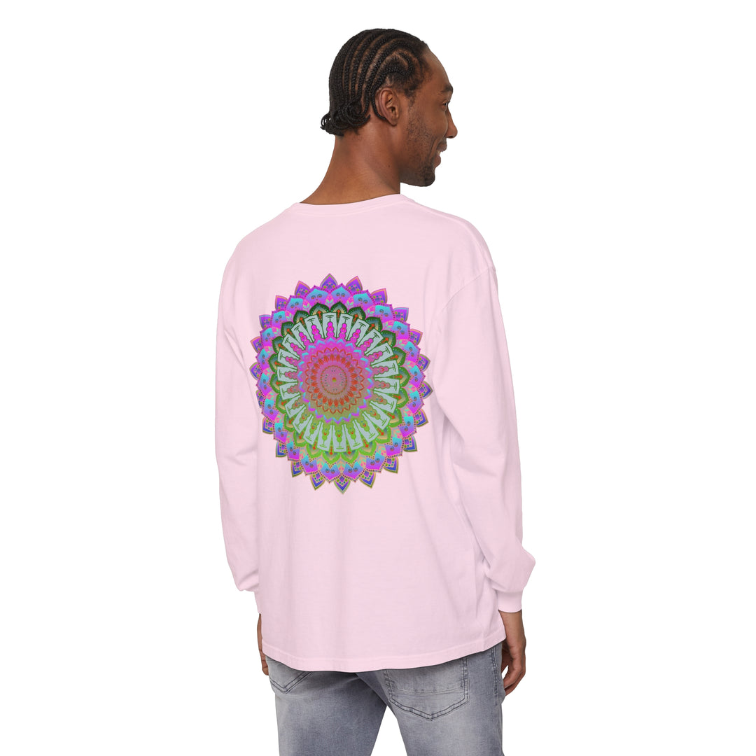 A colorful and intricate mandala design adorns this unisex long sleeve t-shirt