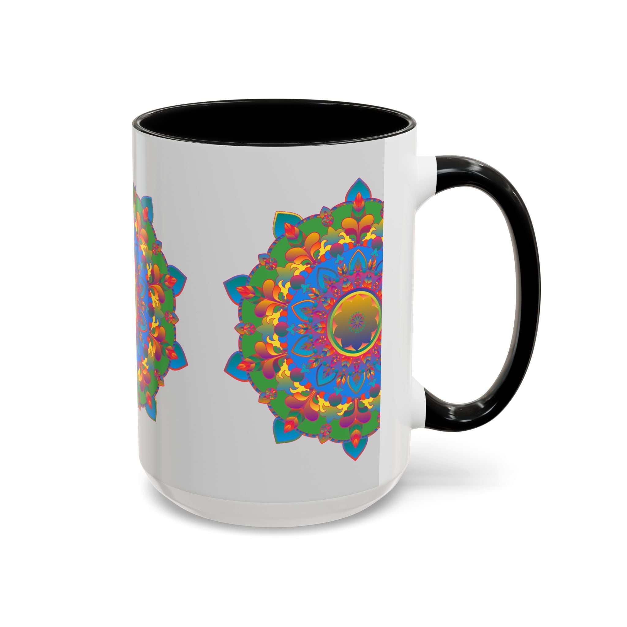 Vibrant and intricate mandala flower print on grey coffee mug