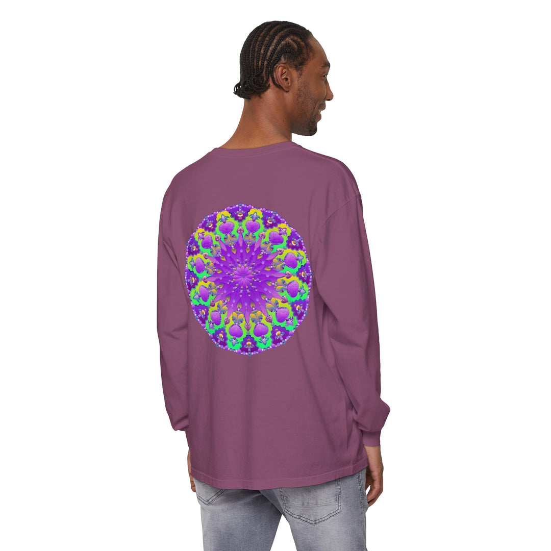 Vibrant purple and green mandala long sleeve t-shirt with intricate design