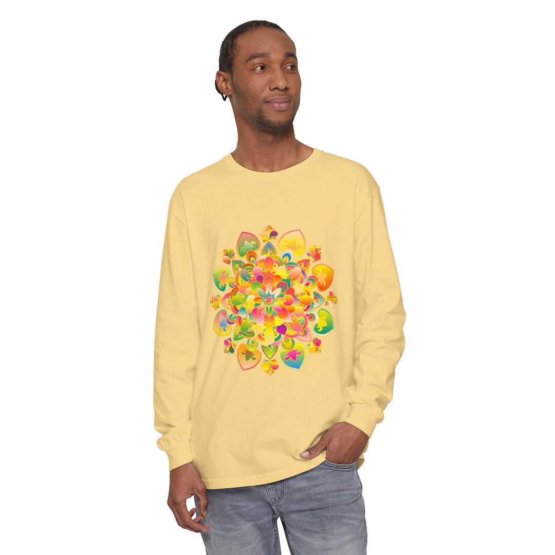 Colorful mandala design on a long sleeve t-shirt, perfect for psychedelic fashion enthusiasts