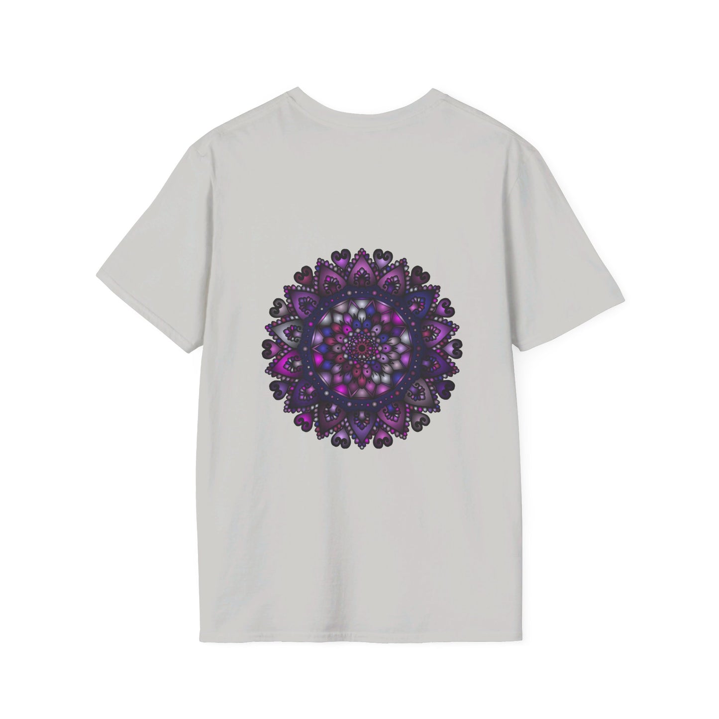 Vibrant purple mandala art unisex softstyle t-shirt with intricate hand-drawn design