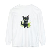 Black watercolor image of a majestic cat on a comfortable long sleeve t-shirt
