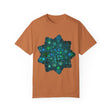 Intricate blue and green mandala design printed on a unisex t-shirt