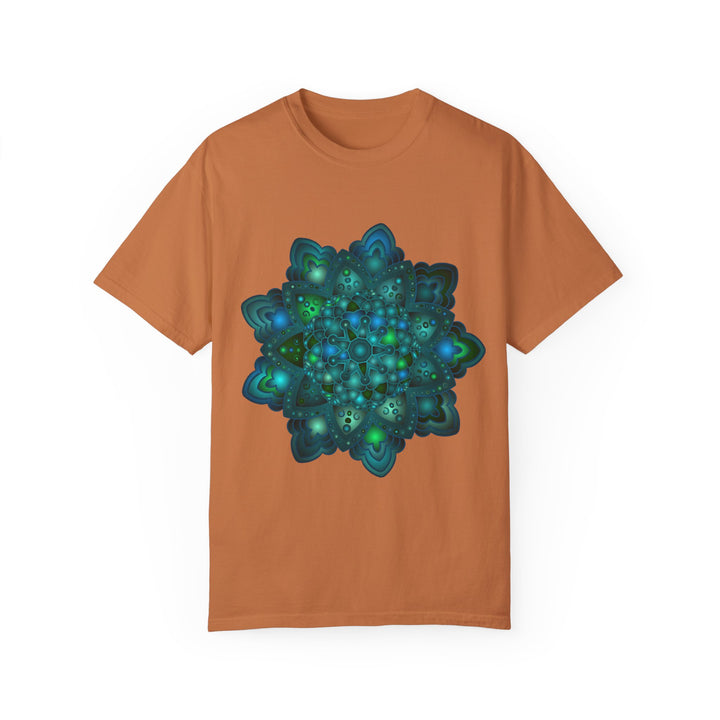 Intricate blue and green mandala design printed on a unisex t-shirt