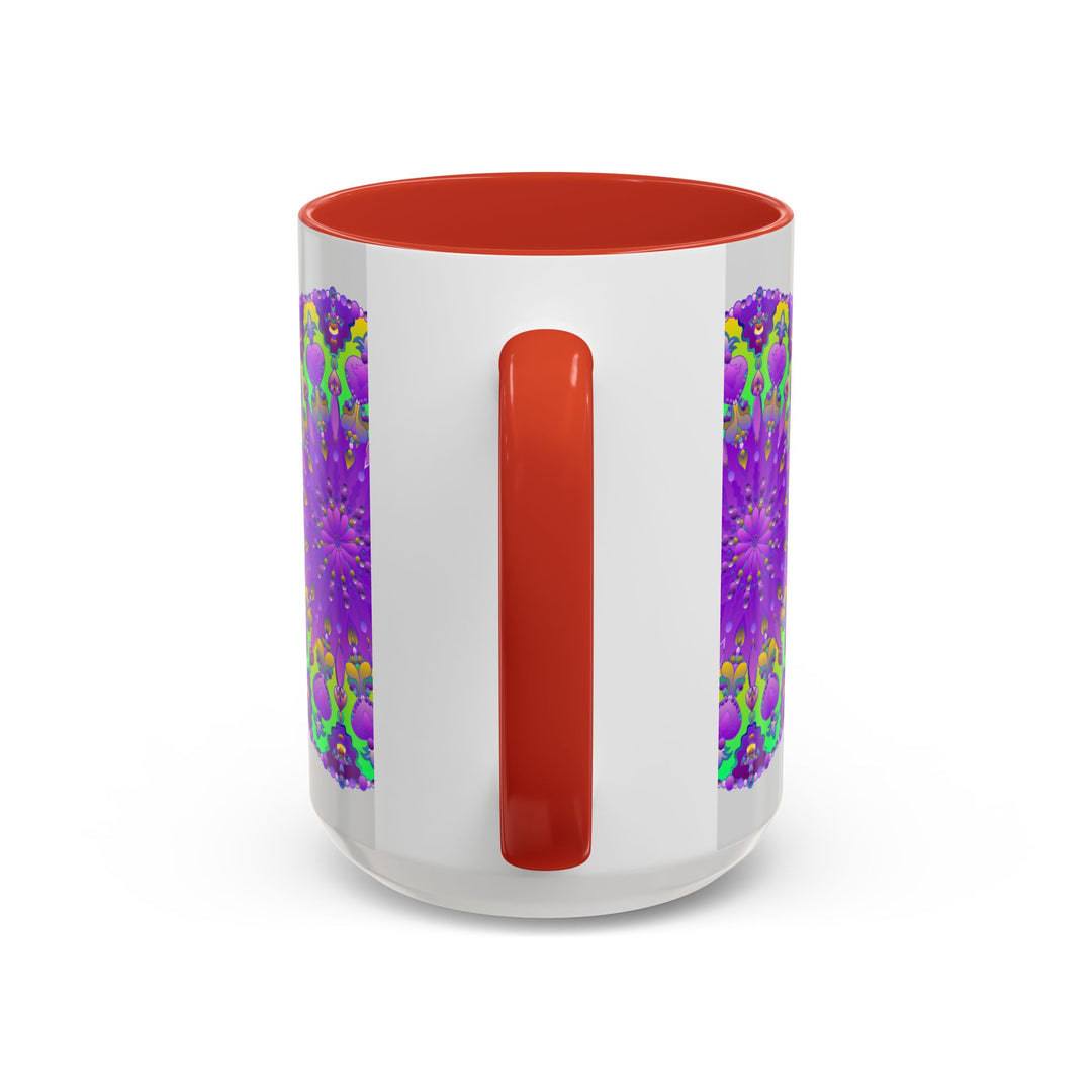 A beautiful purple mandala design adorns a grey mug, creating a vibrant and eye-catching piece of art