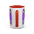 A beautiful purple mandala design adorns a grey mug, creating a vibrant and eye-catching piece of art